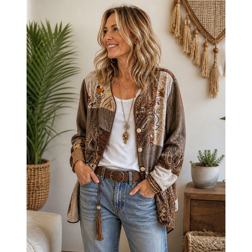 Indigo Moon Womens Brown Patchwork Paisley Embroidered Beaded Jacket NWT Large